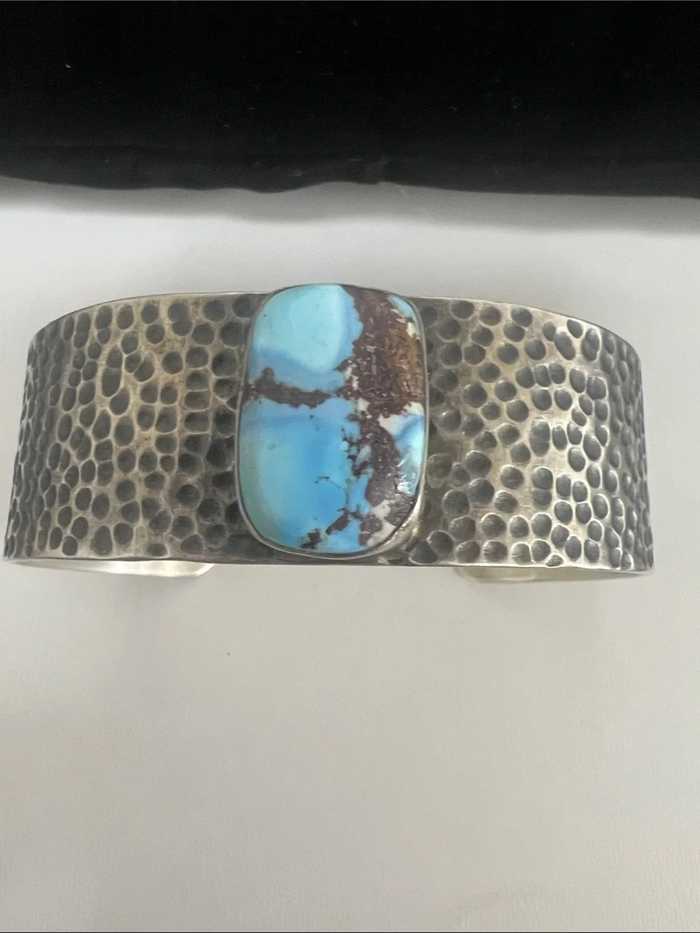 Sterling silver Hammered Cuff Bracelet with golden hills Turquoise Stone - Blue